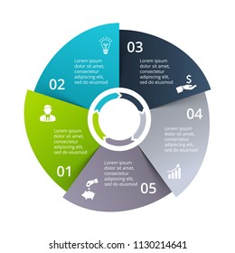 Circle diagram divided into 5 parts, steps or options. Vector origami infographic design template. Illustration for project steps visualization. Business presentation.