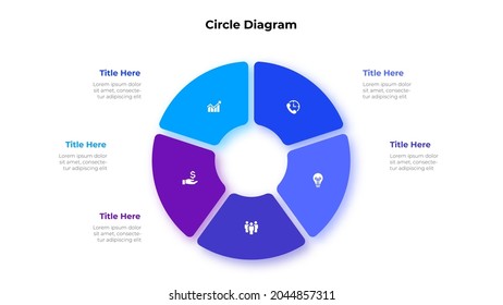 Diagrama de círculo dividido en 5 segmentos. Concepto de cinco opciones de gestión de proyectos empresariales. Ilustración vectorial para la visualización del análisis de datos.