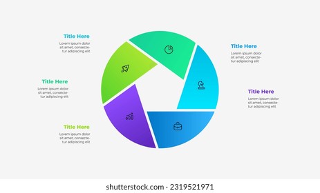 Diagrama de círculo dividido en 5 partes con un pentágono en el centro. Plantilla de cinco opciones de infografía de proyectos empresariales