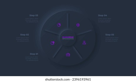 Circle diagram divided into 5 sectors. Design concept of five steps or parts of business cycle. Dark neumorphic infographic design template