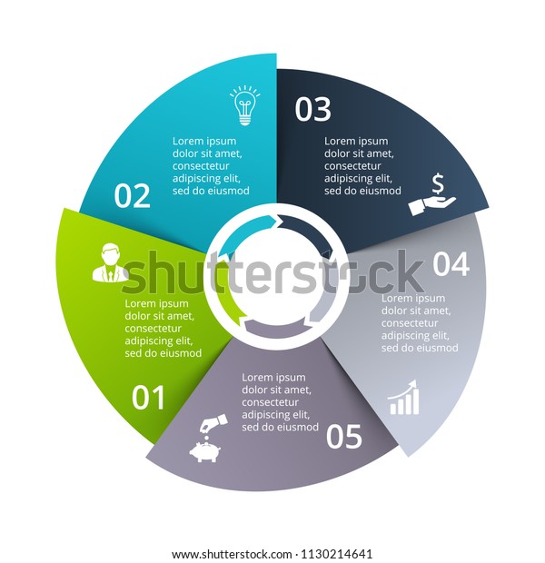 Circle diagram\
divided into 5 parts, steps or options. Vector origami infographic\
design template. Illustration for project steps visualization.\
Business presentation.