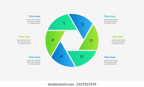 Circle diagram divided into 6 parts with a hexagon in the center. Template of six options of business project infographic