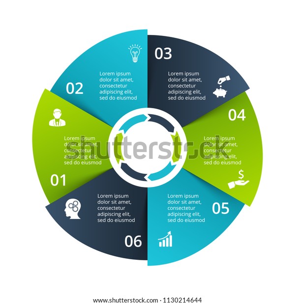 Circle diagram\
divided into 6 parts, steps or options. Vector origami infographic\
design template. Illustration for project steps visualization.\
Business presentation.