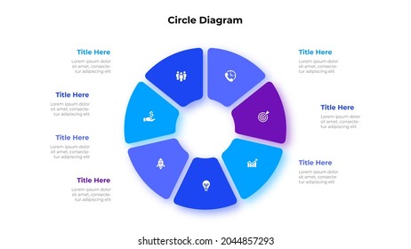 Diagrama de círculo dividido en 7 segmentos. Concepto de siete opciones de gestión de proyectos empresariales. Ilustración vectorial para la visualización del análisis de datos.