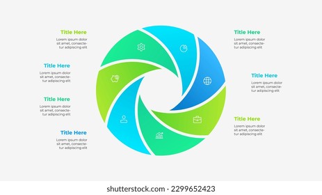 Diagrama de círculo dividido en 7 segmentos. Plantilla de siete opciones de infografía de proyectos empresariales