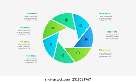 Circle diagram divided into 7 parts with a heptagon in the center. Template of seven options of business project infographic