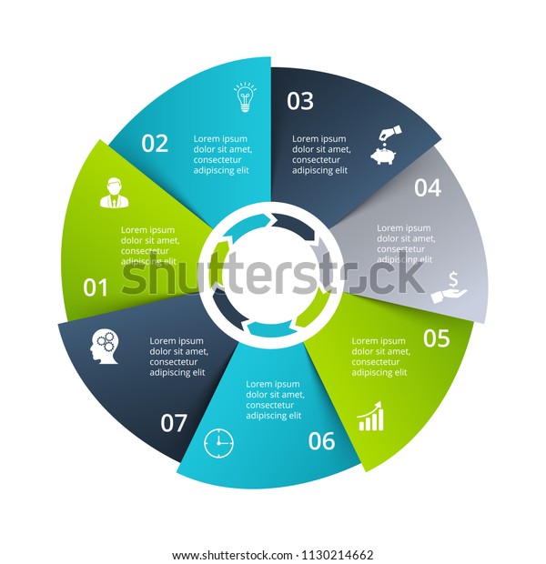 Circle diagram\
divided into 7 parts, steps or options. Vector origami infographic\
design template. Illustration for project steps visualization.\
Business presentation.