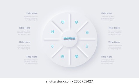 Circle diagram divided into 8 sectors. Design concept of eight steps or parts of business cycle. Neumorphic infographic design template. Business data visualization
