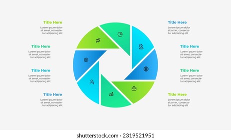 Circle diagram divided into 8 parts with a octagon in the center. Template of eight options of business project infographic