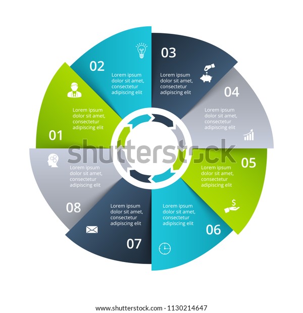 Circle diagram\
divided into 8 parts, steps or options. Vector origami infographic\
design template. Illustration for project steps visualization.\
Business presentation.