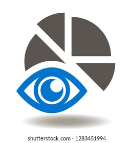 Circle diagram eye icon vector. Pie chart surveillance predictive analytics data logo. Report view symbol. AI analysis sign.