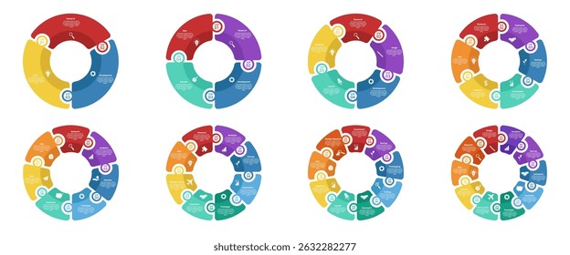 Circle diagram infographic templates. Round chart with business icons, 3 -10 step options or processes, step-by-step startup, project workflow. Circular vector infographics.