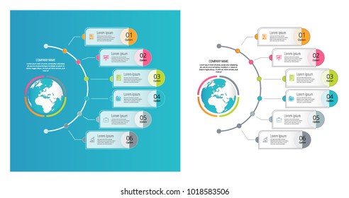 Circle diagram infographics with six elements with icons and text, circle flow chart template, business infographics, flat diagram template, vector eps10 illustration. Earth map vector.
