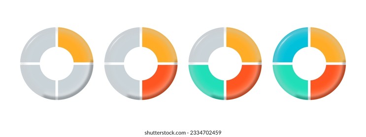 Circle diagram, pie chart, circular graph with 1, 2, 3, 4 sections or parts. Modern business infographic template. 3d cycle element, wheel, slice design. Vector illustration.