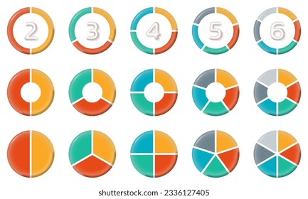 Circle diagram, pie chart, circular graph with 1, 2, 3, 4, 5, 6 sections or parts. Modern business infographic template. 3d cycle element, wheel, slice design. Vector illustration.