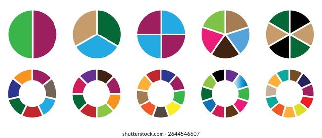 Diagrama de círculo, conjunto de infografía de gráfico circular. Colección de diagrama circular con secciones o partes. Colección de diagrama colorido con, 1 a 12 secciones. Ilustración vectorial aislada sobre fondo blanco. 
