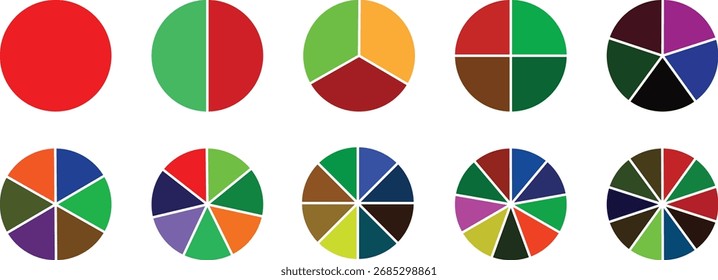 Diagrama de círculo, diseño de infografía de gráfico circular. Ciclo de proceso plano. Sectores de progreso. Elementos empresariales y estadísticas con números. Colección de diagrama colorido con, 1 a 10 secciones.	