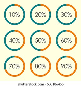 Circle diagram set with percentage. Pie chart infographics template. 10 20 30 40 50 60 70 80 90 percent. Vector illustration.