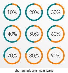 Circle diagram set with percentage. Pie chart infographics template. 10 20 30 40 50 60 70 80 90 percent. Vector illustration.