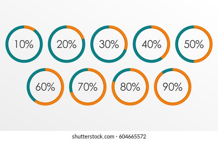 Circle diagram set with percentage. Pie chart infographics template. 10 20 30 40 50 60 70 80 90 percent. Vector illustration.