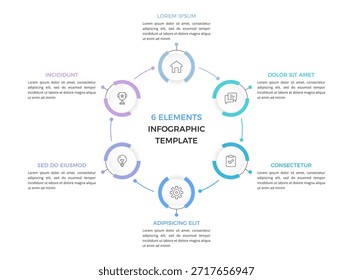 Diagrama de círculo con seis Elementos circulares conectados, proceso de ciclo con seis pasos, Plantilla de infografía