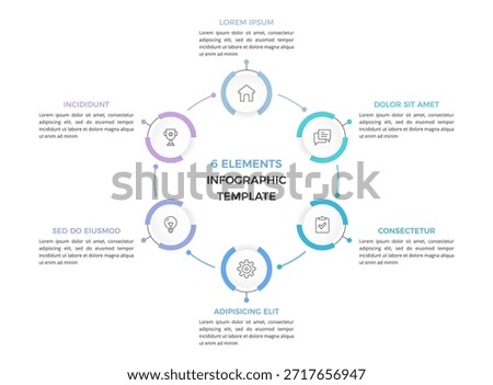 Circle diagram with six connected circular elements, cycle process with six steps, infographic template