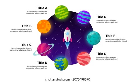 Circle diagram. Startup vector infographic. Rocket launch into space. Universe background. Presentation slide template. Business success chart. 6 options.