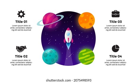 Circle diagram. Startup vector infographic. Rocket launch into space. Universe background. Presentation slide template. Business success chart. 6 options.