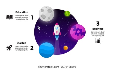 Circle diagram. Startup vector infographic. Rocket launch into space. Universe background. Presentation slide template. Business success chart. 6 options.