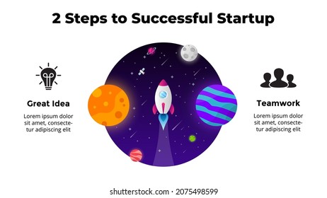 Circle diagram. Startup vector infographic. Rocket launch into space. Universe background. Presentation slide template. Business success chart. 6 options.