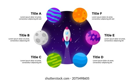 Circle diagram. Startup vector infographic. Rocket launch into space. Universe background. Presentation slide template. Business success chart. 6 options.