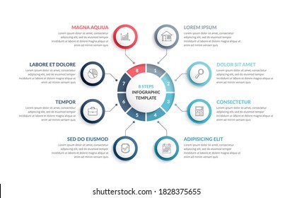 Circle diagram template with eight steps or options, process chart, infographic template for web, bsuiness, presentations, vector eps10 illustration