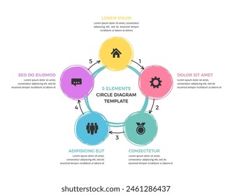 Circle diagram template with five hand drawn circles and arrows, infographic template, vector eps10 illustration