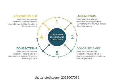 Vorlage für Kreisdiagramme mit vier Schritten oder Optionen, Prozessinformationen, Vektoreps10-Illustration