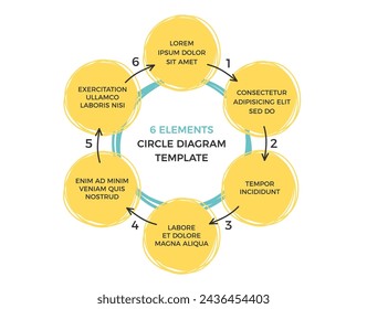 Plantilla de diagrama de círculo con seis círculos dibujados a mano y flechas, plantilla de infografía, ilustración vectorial eps10