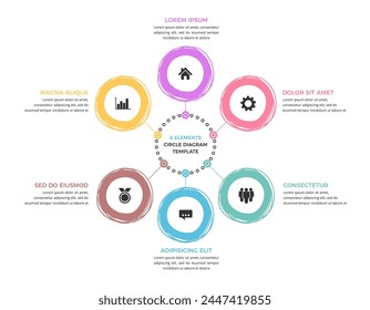 Plantilla de diagrama de círculo con seis círculos dibujados a mano de colores, Plantilla de infografía, ilustración de Vector eps10
