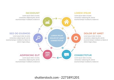 Plantilla de diagrama de círculo con seis pasos u opciones, infografía de procesos, ilustración de eps10 vectoriales