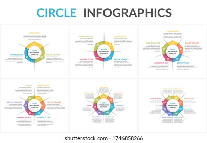 Circle diagram templates set - 3, 4, 5, 6, 7 and 8 elements, circle infographics, vector eps10 illustration