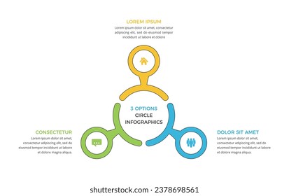 Diagrama de círculo con tres pasos u opciones, plantilla infográfica, ilustración de eps10 vectoriales