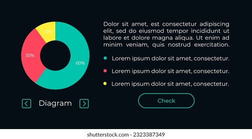 Circle diagram UI element template. Editable isolated vector dashboard component. Flat user interface. Visual data presentation. Web design widget for mobile application with dark theme