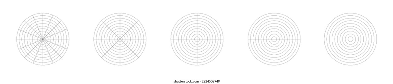 Circle diagrams divided on segments. Chart with concentric circles cutting on equal parts. Wheel of life or habits tracker template isolated on white background. Vector outline illustration