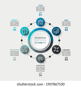 Circle diagrams explain 6 workflows that can be used for corporate or business advertising, infographic design.