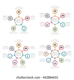 Diagramas de círculo con cinco, seis, siete y ocho elementos, diagrama de flujo, infografías de negocios, vectores10 ilustración