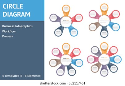 Circle diagrams for infographics, five, six, seven and eight elements, steps or options, flowchart or workflow diagram template, business infographics, vector eps10 illustration