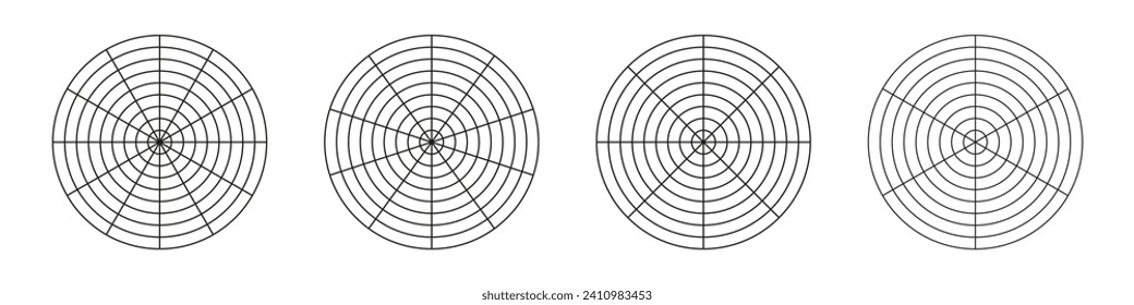 Circle diagrams of life style balance. Wheel of life templates. Coaching tool for visualizing all areas of life. Set of polar grid with segments, concentric circles. Blank of polar graph paper. Vector