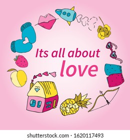 circle of different images related to love in the style of primitive drawing