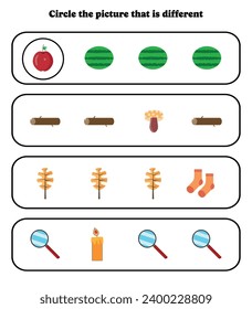 Circle the different picture. Educational game for kids. Brain teaser for preschool, kindergarten and elementary students.