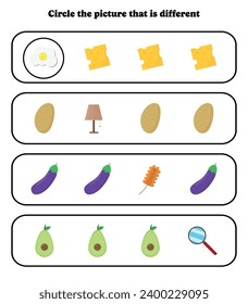 Circle the different picture. Educational game for kids. Brain teaser for preschool, kindergarten and elementary students.