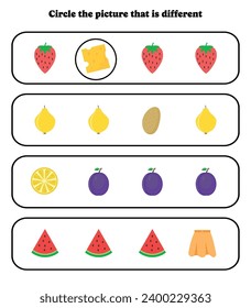 Circle the different picture. Educational game for kids. Brain teaser for preschool, kindergarten and elementary students.