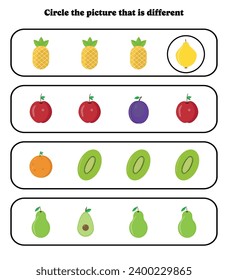 Circle the different picture. Educational game for kids. Brain teaser for preschool, kindergarten and elementary students.